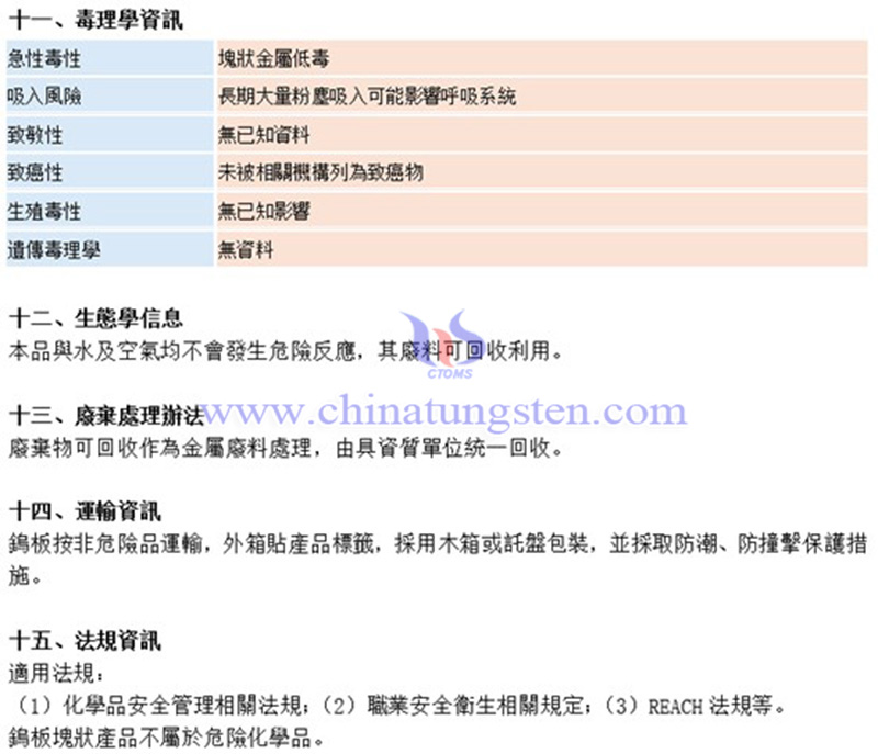 中鎢智造(廈門)科技有限公司鎢板材料安全係數說明書(MSDS)圖片 中鎢智造(廈門)科技有限公司鎢板材料安全係數說明書(MSDS)圖片